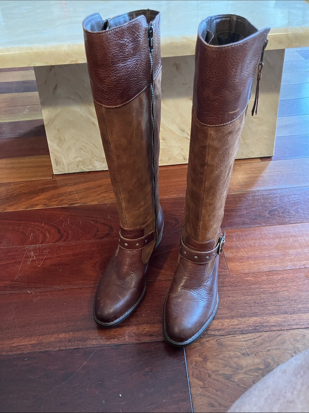 Born Tall Brown Leather and Suede wide calf Boots. Double zippers, ankle buckle